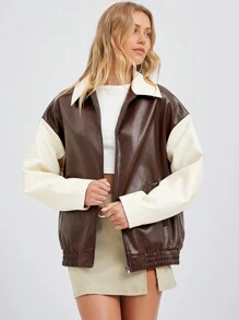 SHEIN EZwear Chaqueta de PU con cremallera y hombros descubiertos, casual y elegante - Blanco y Negro - Ver 1