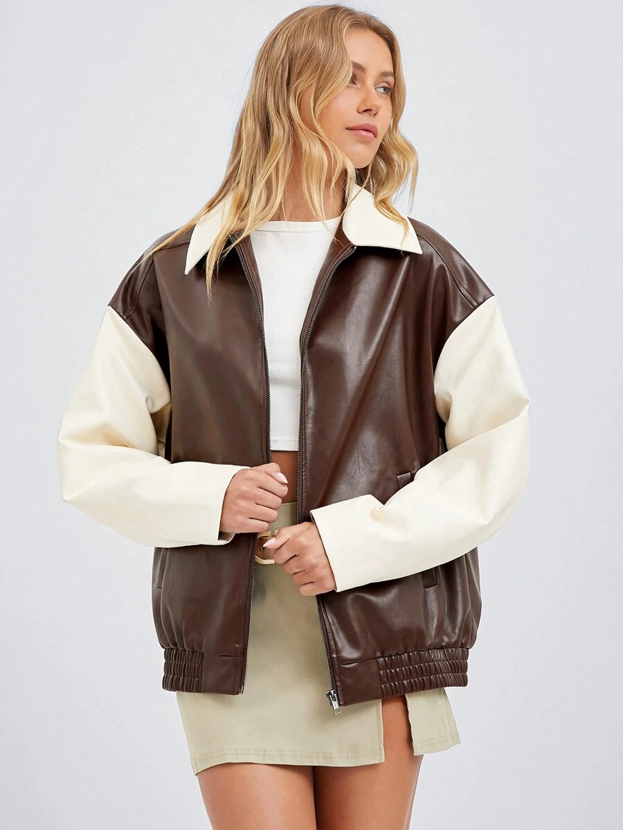 SHEIN EZwear Chaqueta de PU con cremallera y hombros descubiertos, casual y elegante - Blanco y Negro - Ver 1
