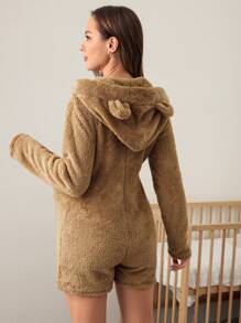 SHEIN Maternity Zip Up 3D Ears Design Hooded Flannel Romper - Khaki - View 2