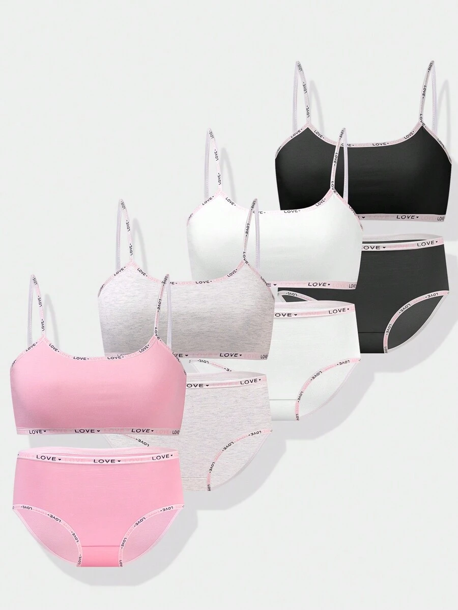 4 件套 少女简约纯色时尚无钢圈吊带背心文胸和透气三角内裤内衣套装