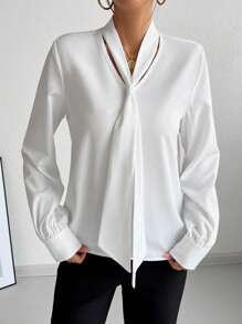SHEIN Unity Women's Solid Color Tie Neck Long Sleeve Formal Blouse For Work