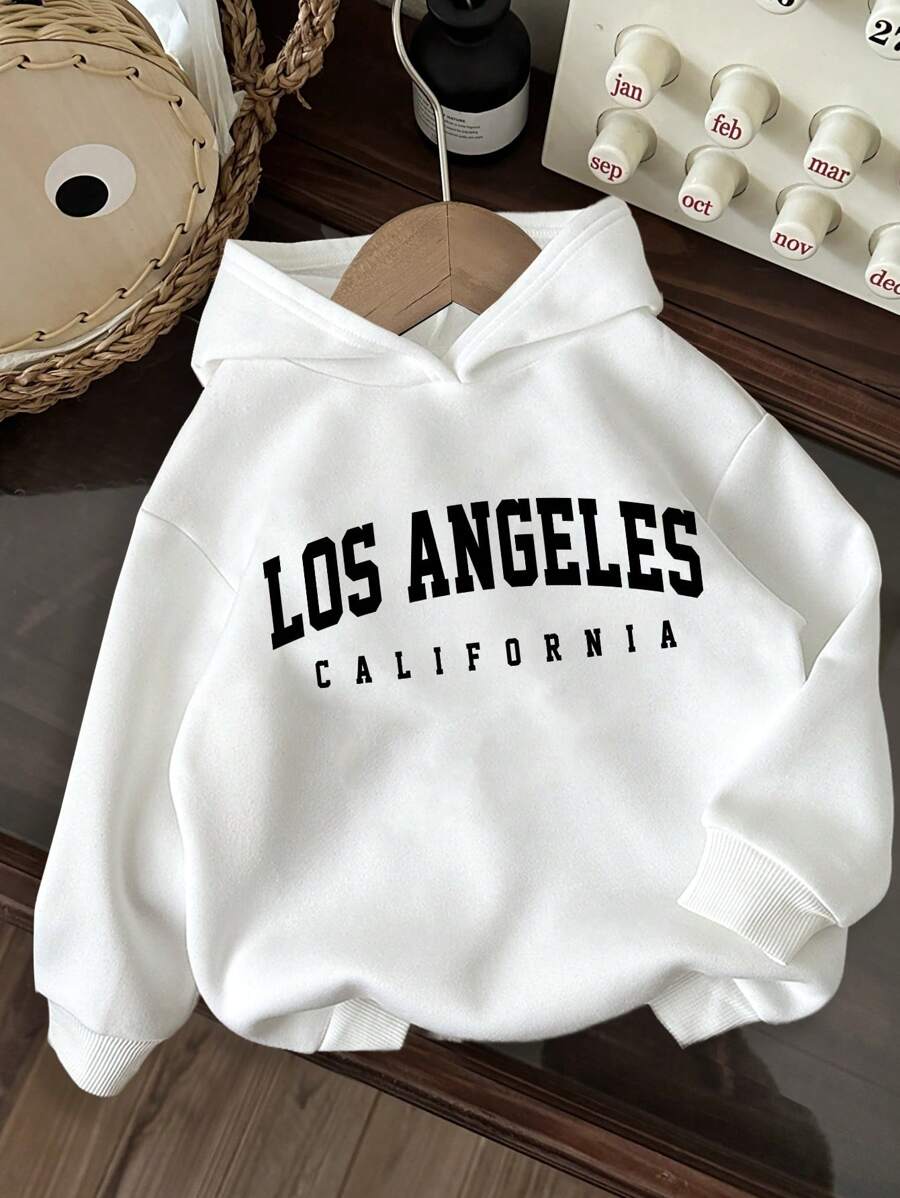 SHEIN Los Angeles, Califórnia, Moletom infantil masculino casual com estampa de desenho animado simples, modelagem folgada e tecido grosso, ideal para outono e inverno. - Branco - Ver 1