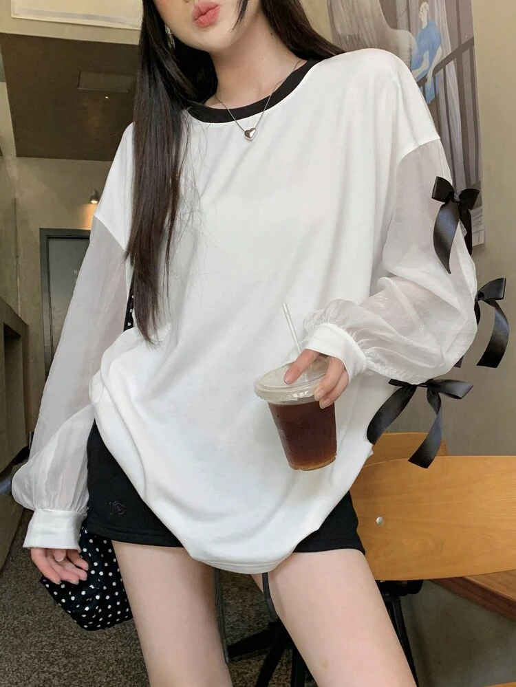 Maglietta casual a maniche lunghe da donna con fiocco, in stile patchwork a contrasto di colori, abbigliamento autunnale, abbigliamento per il ritorno a scuola