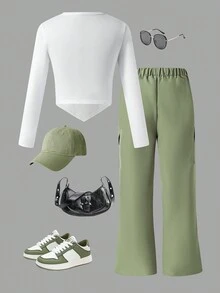 SHEIN 少女纯色长袖上衣搭配褶皱阔腿裤，秋季 - 白色 - 查看 2