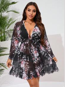 Plus Size Long Sleeve Printed Half Open Cover Up Summer - Multicolor - View 1