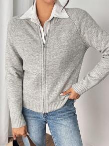 EMERY ROSE Women's Solid Color Raglan Sleeve Long Sleeve Casual Cardigan, Autumn/Winter Fall Cloth For Women - Grey - View 7