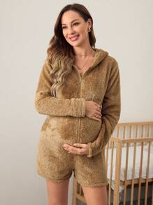 SHEIN Maternity Zip Up 3D Ears Design Hooded Flannel Romper - Khaki - View 3