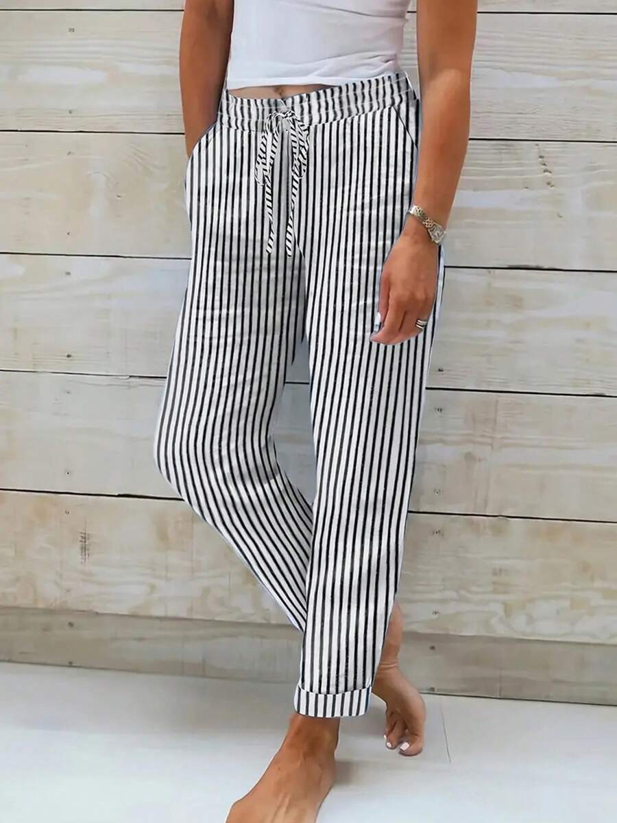Plus Size Women's Striped Drawstring Waist Pocket Casual Pants - Black - View 1