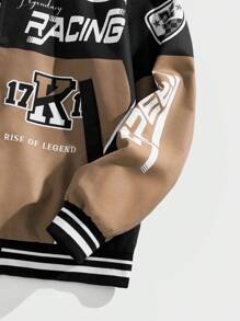 Manfinity RebelGame 男士前扣长袖口袋字母印花夹克，休闲日常穿着 - 卡其色 - 查看 4