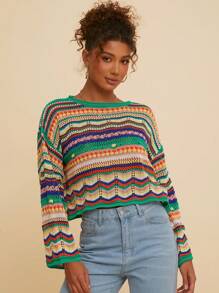 Travachic Women's Color Striped Pattern Crochet Drop Shoulder Long Sleeve Women Sweaters, Fall Women Clothes - Multicolor - View 7