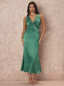 Glamine Deep V Twisted Backless Cross-Slit Ladies Satin Party Dress Long Dress - Champagne - View 6
