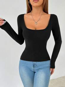 SHEIN PETITE Camiseta de felpa de primavera para mujer de cuello de pico de unicolor - Negro - Ver 7