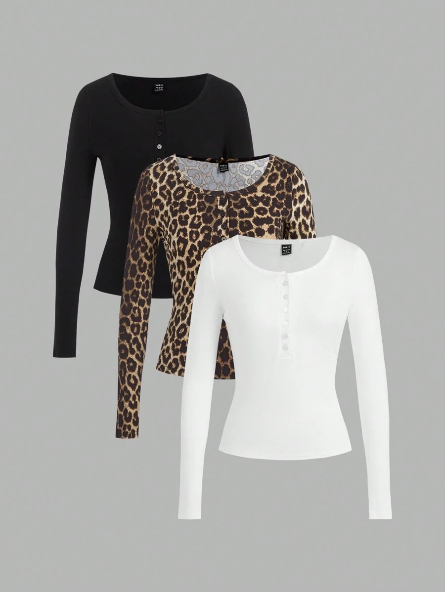 SHEIN EZwear Women's Solid Color + Leopard Print Half-Button Slim Fit T-Shirt, 3-Pack
