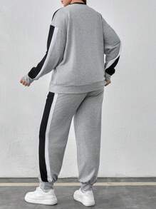 EURMUSE Cotton Plus Size Colorblock Detail Sweatshirt + Sweatpants Set - Grey - View 2