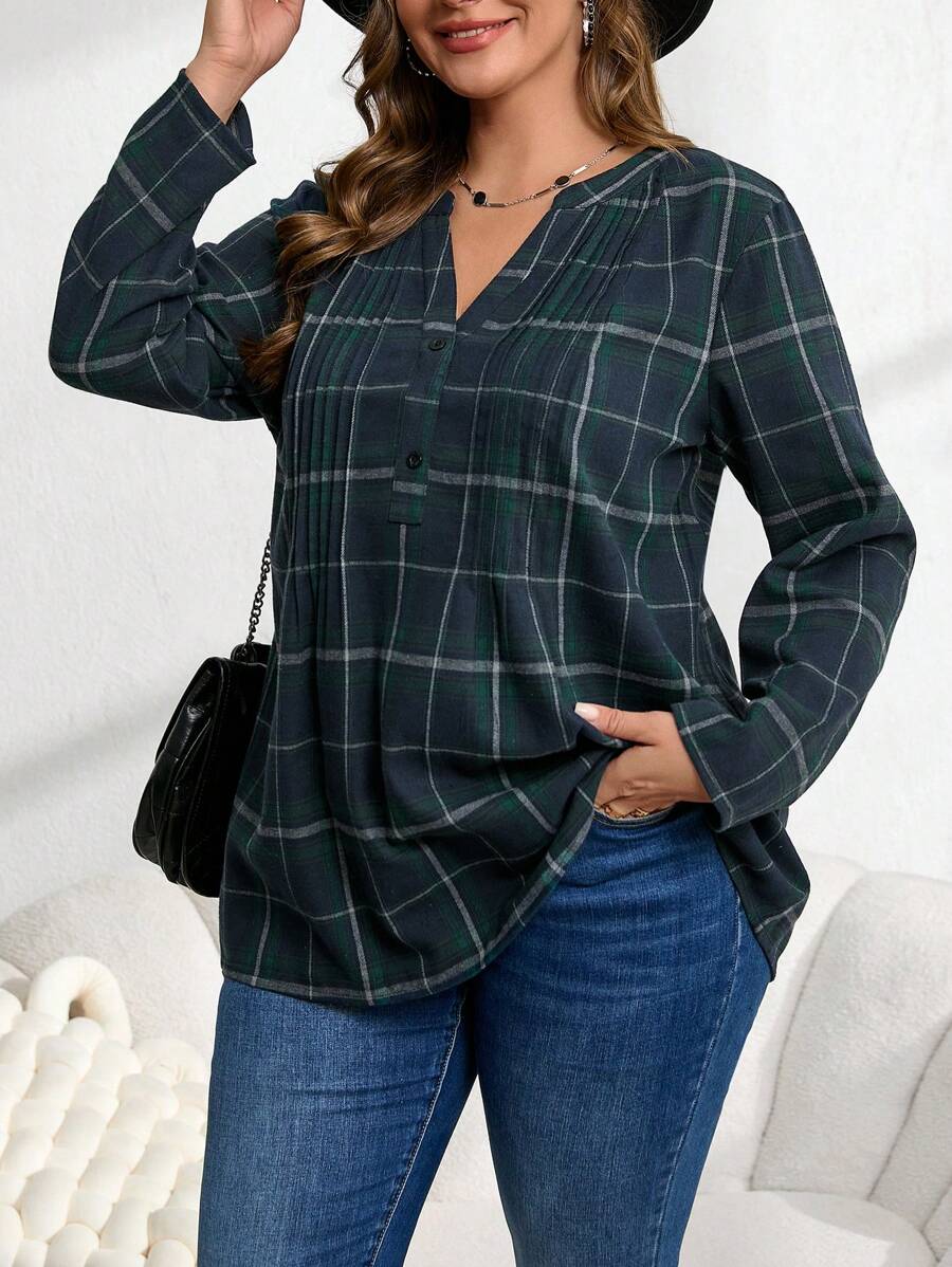 EMERY ROSE Camisa entallada de cuello entallado a cuadros para primavera y otoño, talla grande