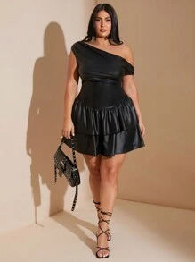 SHEIN BAE Abito mini in pelle PU nera asimmetrico con una spalla, plissettato e arricciato a volant, elegante e dolce, adatto per feste di Ognissanti e appuntamenti romantici. Abito nero per il ballo di fine anno. - nero - Visualizzare 1