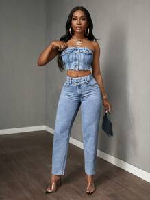 Slaydiva Jeans rectos con pernera entallada, parche de bolsillo y cintura asimétrica para mujeres