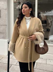 Flirla Plus Size Women's Casual Patchwork Lantern Sleeve Woolen Poncho, Autumn/Winter - Khaki - View 4