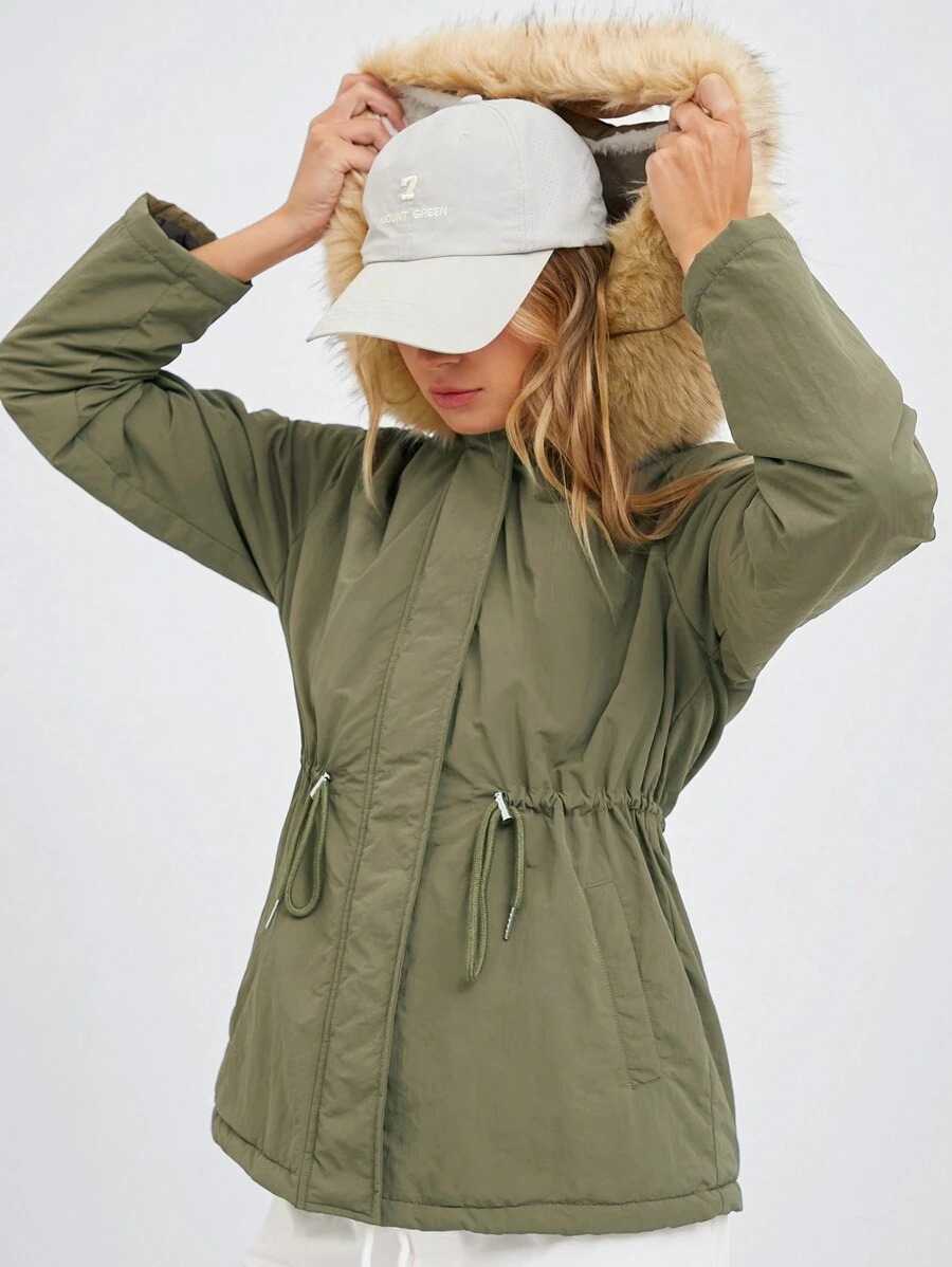 SHEIN EZwear 秋冬季毛领防水束腰绿色派克大衣夹棉外套 - 軍綠色 - 查看 1