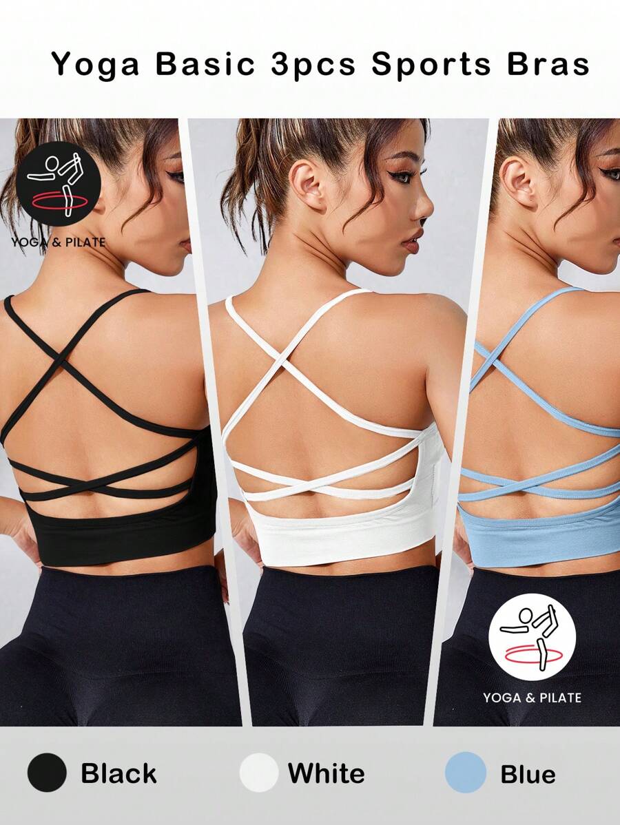 Easithlete 3pcs Seamless High Support Criss Cross Backless Sports Bra - Multicolor - View 1