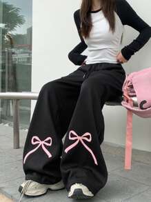 DAZY 女士弹力腰带蝴蝶印花直筒宽松运动裤，带保暖内衬 - 黑色 - 查看 9