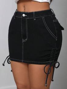 SHEIN SXY Women's Casual Side Drawstring Fitted Mini Denim Skirt, Summer - Black - View 2