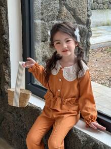 SHEIN Vintaside Kids 2pcs/Set Young Girl Fashionable Casual Fuzzy Ribbed Asymmetric Hem Sweatshirt And Pants Set, Suitable For Outgoing, Vacation, Everyday Wear, Fits Autumn & Spring, Fashion , Cute, Stylish