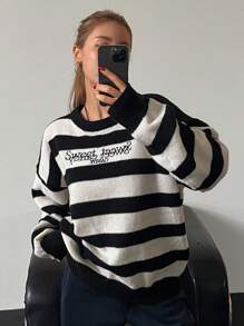 DAZY Women's Round Neck Loose Striped Embroidery Sweater - Black and White - View 6