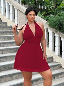 Flirla Plus Size Cross Front Backless Sleeveless Solid Color Chiffon Dress - Burgundy - View 7
