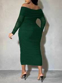 SHEIN SXY Plus Size Solid Color Pleated Off-Shoulder Long Sleeve Dress Fall - Dark Green - View 2