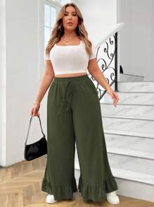 Calvaya Plus Size Vrouwen Effen Kleur Taille Strik Ruffle Zoom Losse Wijde Pijpen Broek