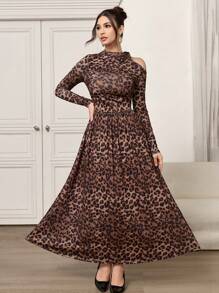 Modelyn 女士动物豹纹镂空不对称领口长袖连衣裙超长女士装长款晚礼服