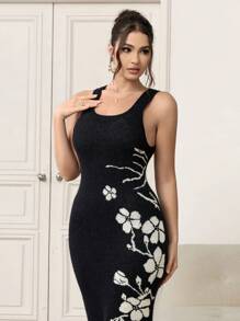 Modelyn 2pcs Women Floral Print Crew Neck Sleeveless Dress & Solid Color Long Sleeve Cardigan Sweater Set