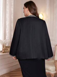 Lacomfia Plus Size Spring Autumn Casual Strap Patchwork Jacket, Elegant Tweed Coats, For Evening Party Formal/Wedding Guest/Anniversary Black - Black - View 2