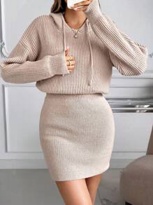 SHEIN LUNE 女士纯色长袖简约连帽休闲毛衣连衣裙 - 卡其色 - 查看 5