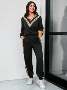 SHEIN LUNE Women Casual Leopard Contrast Color Sequin Oversized Sweatshirt And Sports Pants