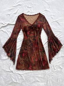 Soleia Đầm ngắn tay dài in họa tiết lưới cổ chữ V họa tiết cổ điển cho nữ, phù hợp với phong cách Hippie, lễ hội âm nhạc, tiệc tùng - Nhiều màu - Xem 3