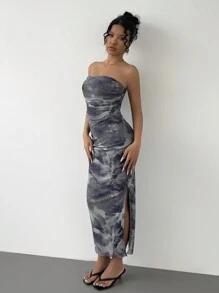 Chiquease Women Tie-Dye Printing Pleated Dress With Asymmetric Hem And Fitted Silhouette - Mint Green - View 6