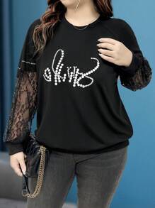 SHEIN LUNE 大码女式字母印花圆领撞色蕾丝长袖休闲运动衫 - 黑色 - 查看 3