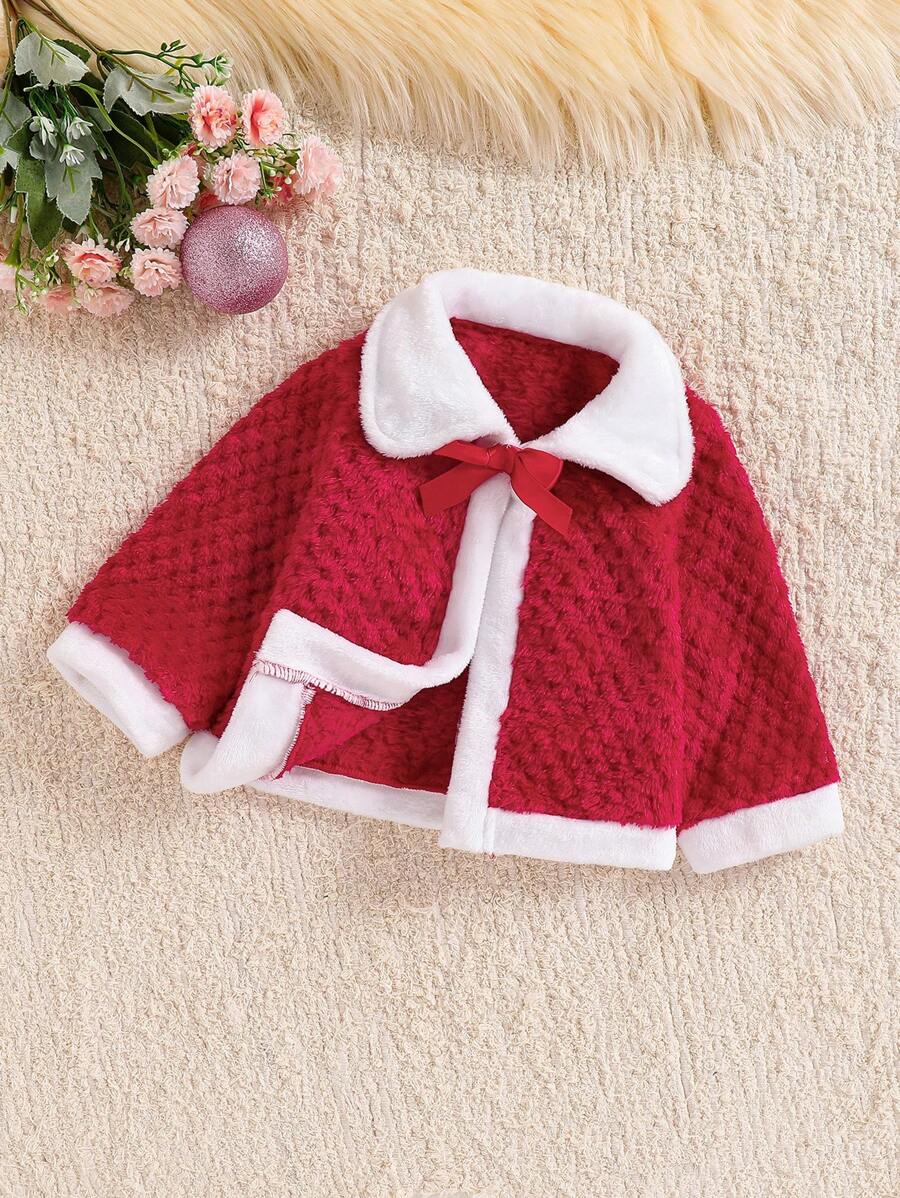 Infant Girls' Christmas Red Casual Fleece Hooded Jacket - Red and White - View 1