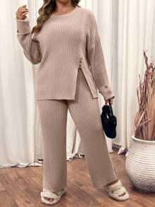 SHEIN LUNE Plus Size Women Camel Round Collar Front Slit Button Accent Knitted Sweater Pants 2-Piece Casual Suit, Autumn Winter - Camel - View 5
