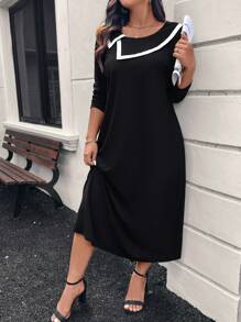 SHEIN LUNE Plus Size Black And White Contrast Trim Dress With Collar Winter Clothes - Black and White - View 7
