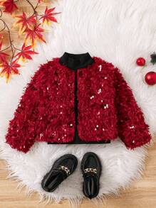 SHEIN 年轻女孩时尚红色闪亮亮片毛绒外套，大面积闪亮设计搭配蓬松质地，醒目时尚又温暖，非常适合冬季外出或派对穿着，适合秋冬季，适合圣诞节 - 彩色 - 查看 1