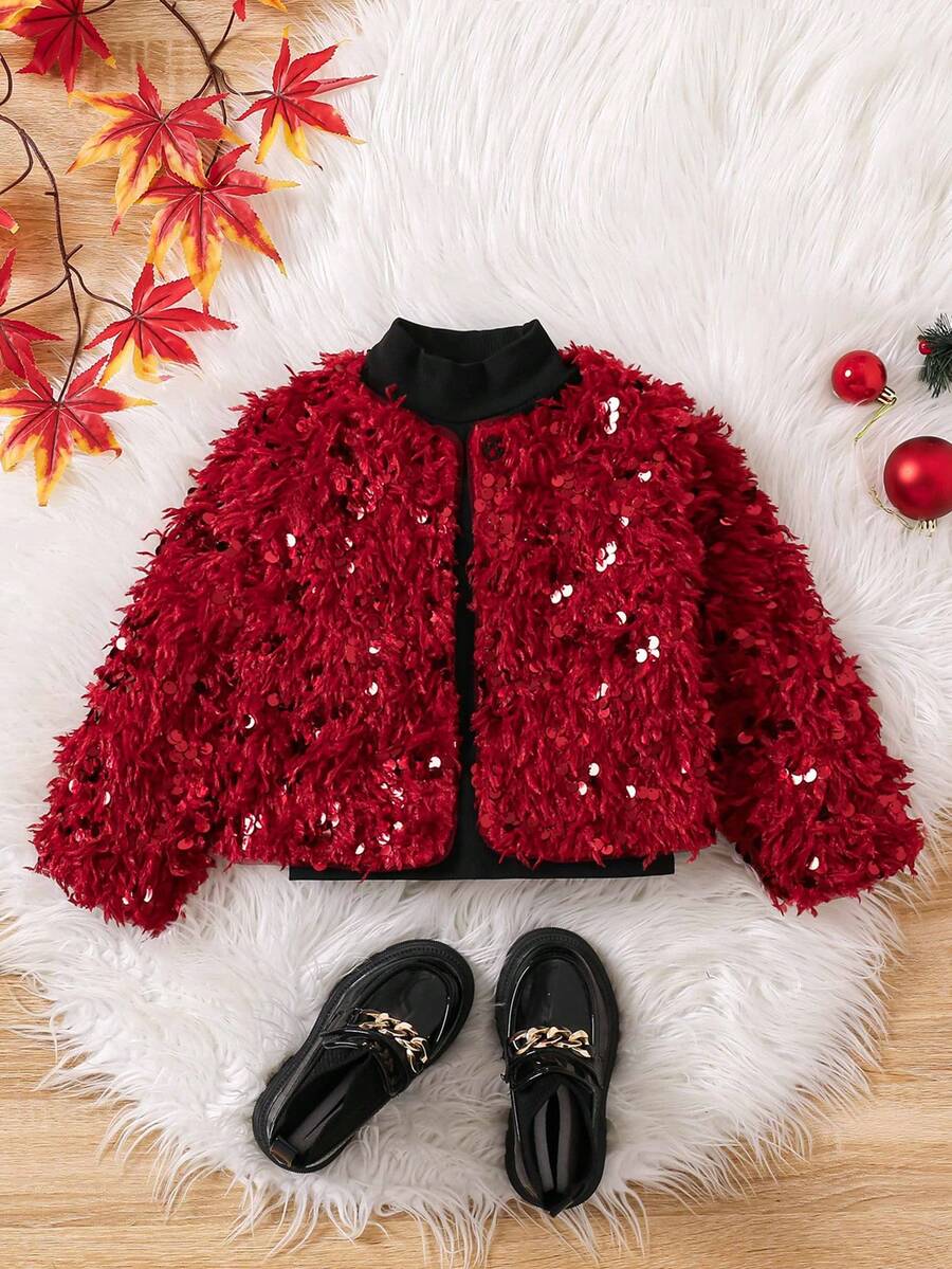 SHEIN 年轻女孩时尚红色闪亮亮片毛绒外套,大面积闪亮设计搭配蓬松质地,醒目时尚又温暖,非常适合冬季外出或派对穿着,适合秋冬季,适合圣诞节 - 彩色 - 查看 1
