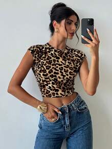 Firerie 纯色豹纹扭纹露背上衣短款 T 恤