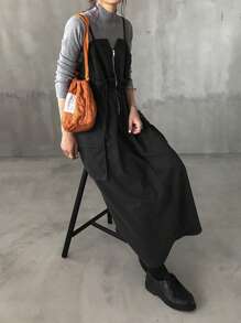 FRIFUL Women Solid Color Zip Up Pocket Strap Sleeveless Dress - Grey - View 2