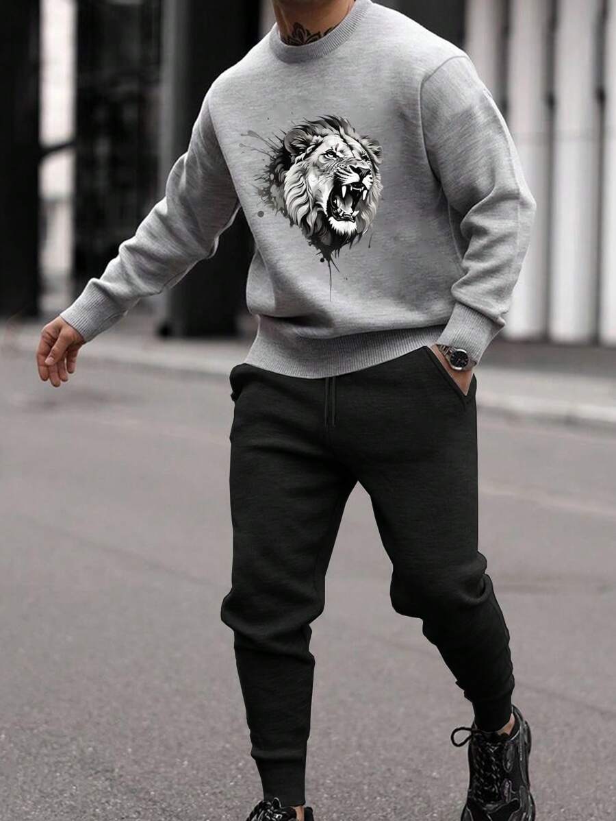 EURMUSE Men Lion Printed Regular Sweatshirt Set - Grey - View 1