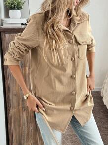 SHEIN LUNE 女式翻领纽扣羽绒服，带口袋，灯芯绒面料，优雅休闲百搭保暖冬季外套秋季服装女士假日服装商务休闲女式西方女士服装机场服装