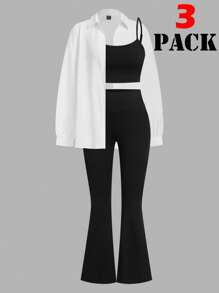 SHEIN Essnce Bộ 3 món quần áo thể thao nhẹ thường ngày cho nữ mùa thu năm 2024, du lịch ngoài trời, đạp xe, áo ba lỗ, quần bó và áo sơ mi - Đen và trắng - Xem 1