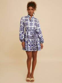 Travachic Blue & White Flower Printed With Long Sleeves Women's  Dress,Fall Women Dresses,Fall Women Clothes,Long Sleeve, - Blue and White - View 3